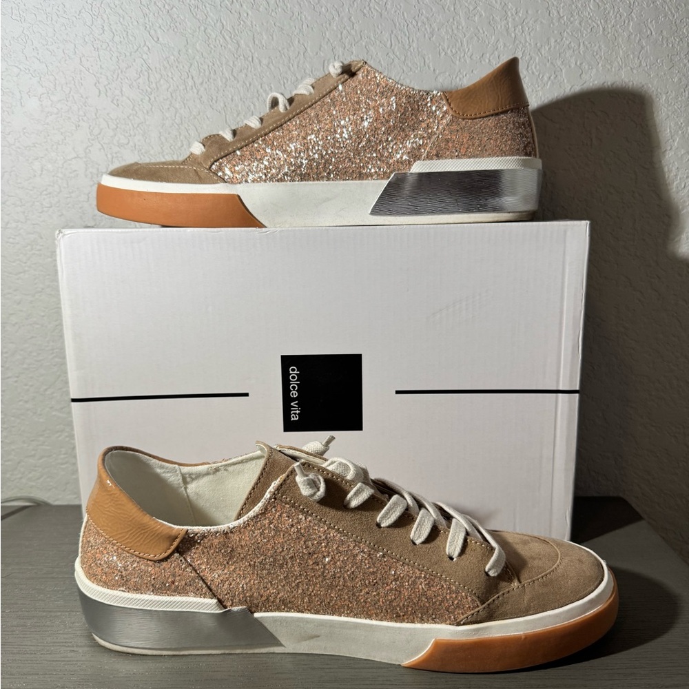 Dolce Vita Zole Rose Gold Glitter Sneakers with Silver and Tan Accents